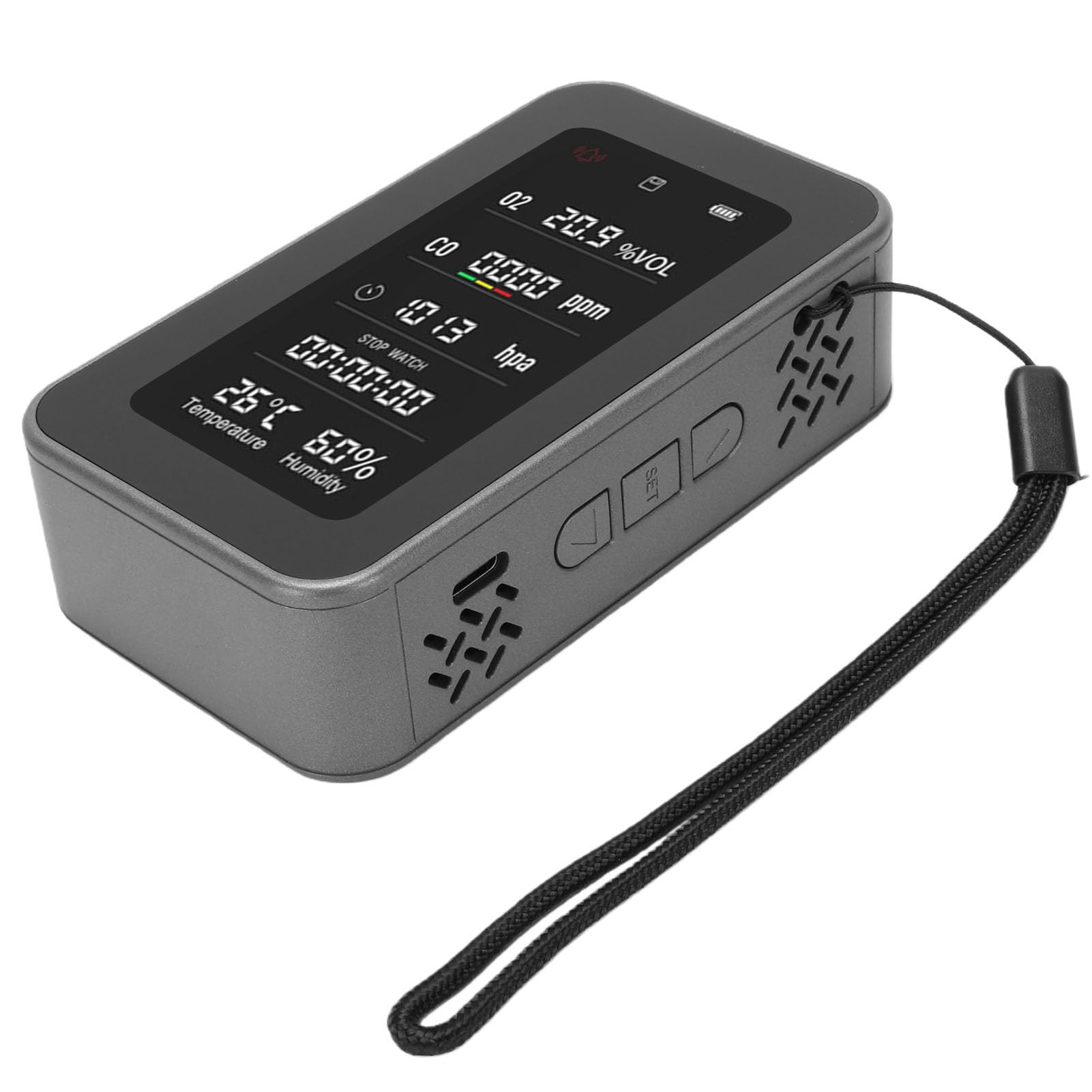 Annadue Detector Portátil de Calidad del Aire con Linterna de Emergencia, | Probador de oxígeno, presión de aire, temperatura y humedad, recargable de 3000mAh, con registro de datos para acampar,