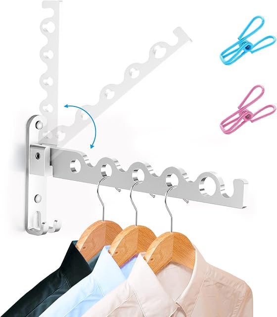 LIVEHITOP Wall Mounted Clothes Hanger, Folding Coat Rack Small Wall Airer Rotatable Drying Rail for Laundry Bedroom Bathroom (Silver,1)