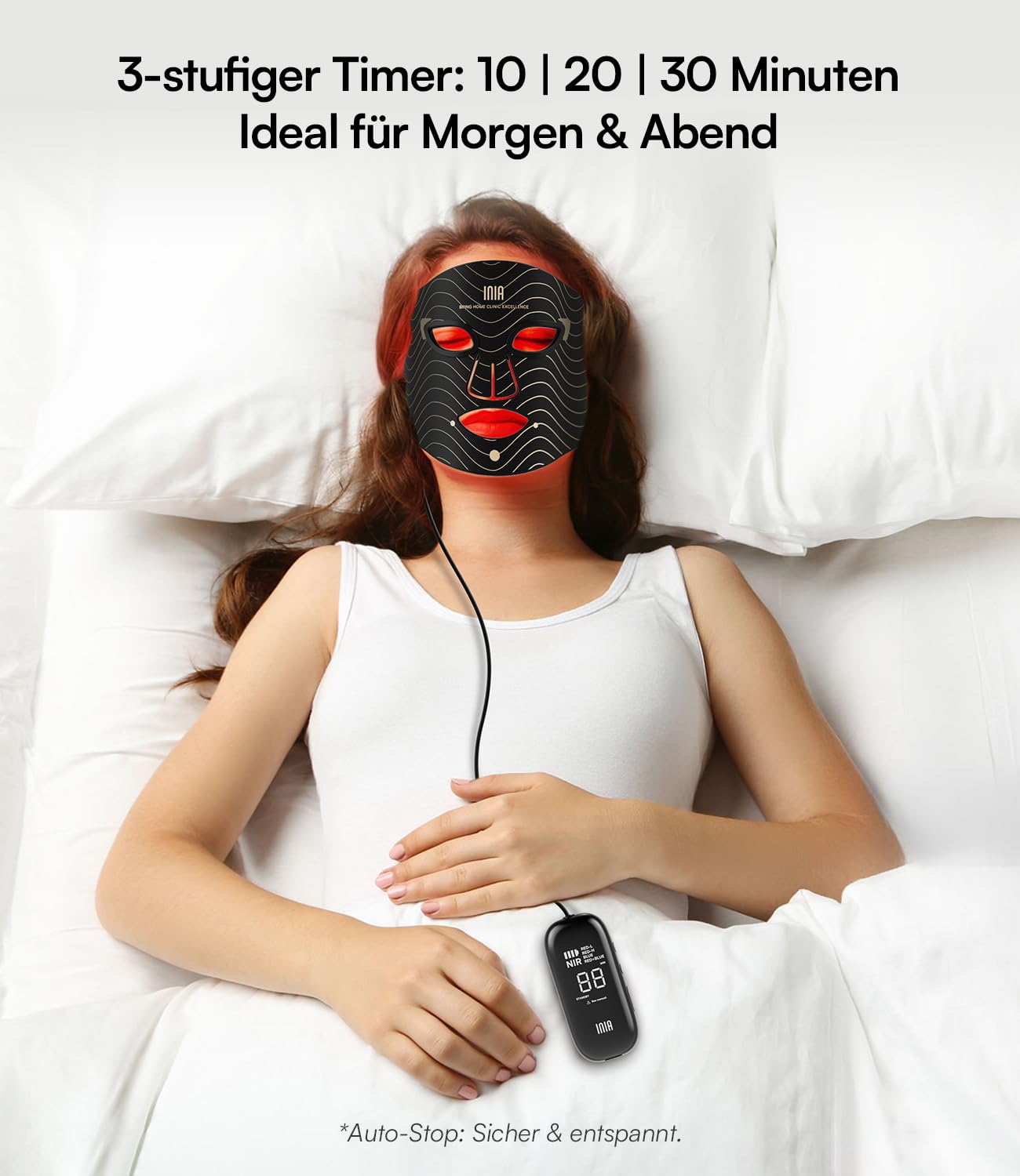 INIA LED Gesichtsmaske Lichttherapie 4 Modi 850nm NIR Rote Blaue 220 Perlen Red Light Therapy Face Mask Aufladbar 2600mAh Anti-Aging