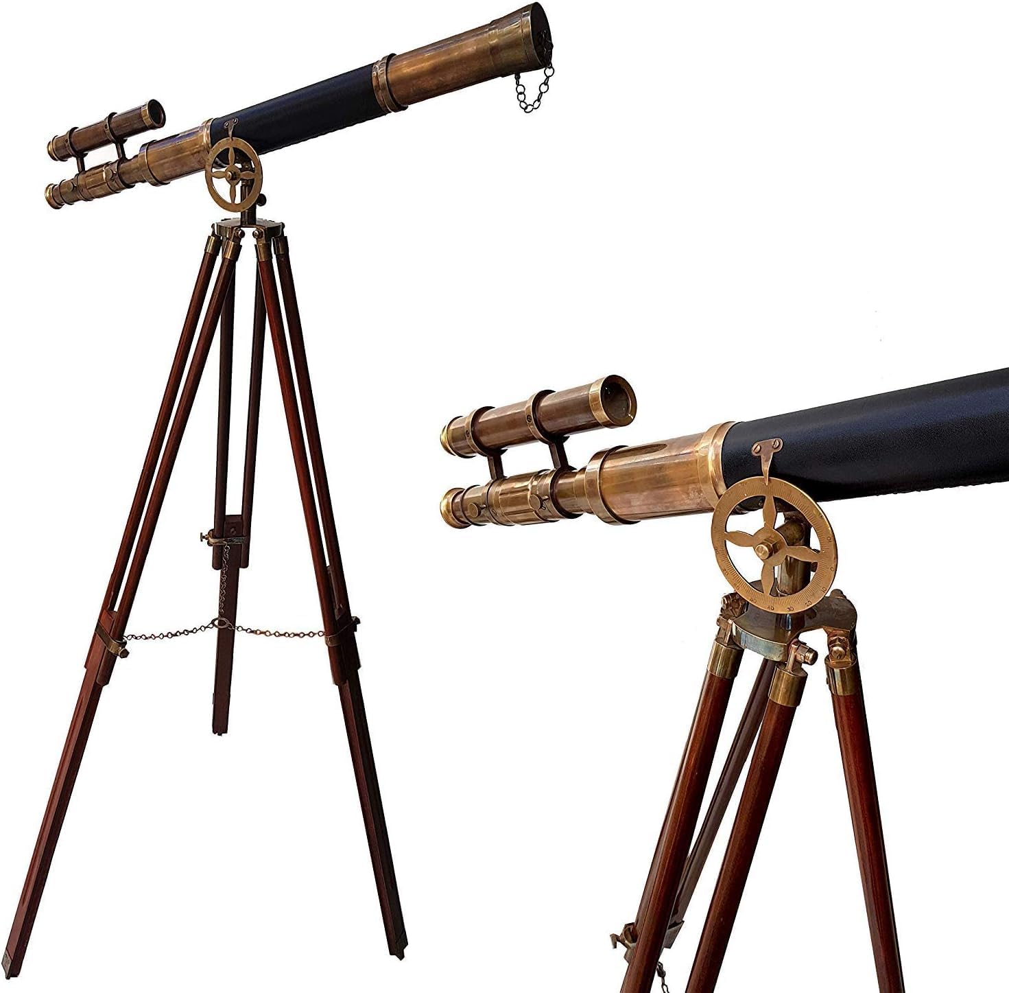 Maritime Brass Antique Double Barrel Designer Telescope with Wooden Tripod Floor Standing Nautical Telescope Tripod