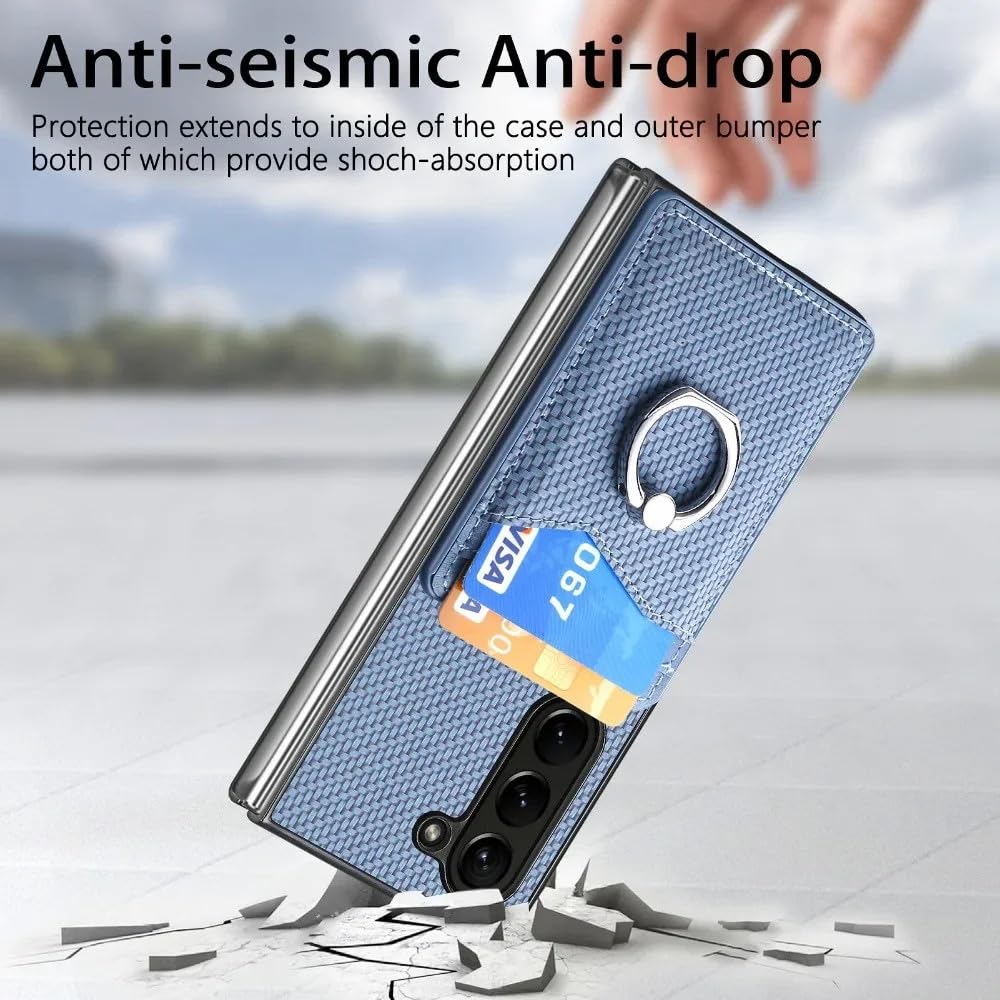 Funda de Piel sintética para Samsung Galaxy Z Fold 6, 5, 4, 3, 2, 5G, con Ranura para Tarjeta de crédito, Soporte para Anillo, Color Azul, para Galaxy Z Fold 3