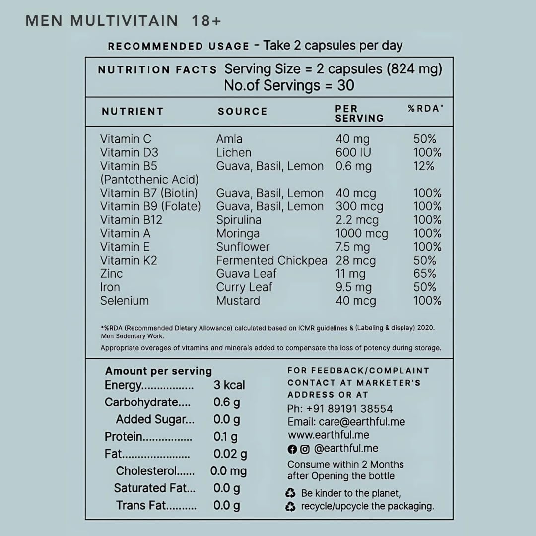 Earthful Men's Hair Care Combo | Multivitamin Men 18+ & Root Nourish Capsules | 100% Natural, Non-Synthetic | For Hair Health, Energy, Immunity and Bones | With Biotin, Grape Seeds, Vitamin D3, K2 — Amazon image 2