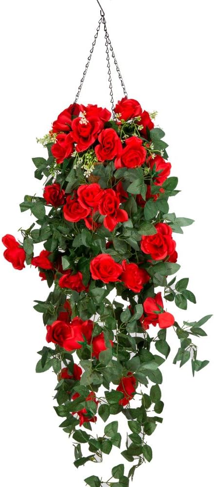 Artificial Flowers in Basket, Artificial Hanging Baskets with Flowers Outdoors Indoors Courtyard Decor, Artificial Vine Silk Rose Flower for Patio Garden Porch Deck Decoration