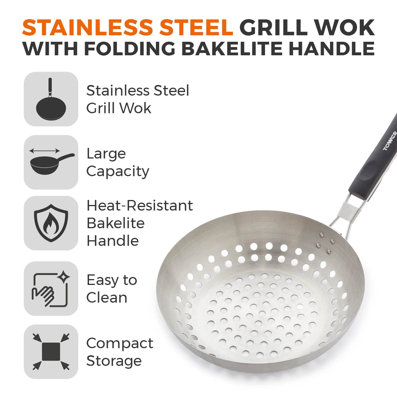Tower, Outdoor Living Stainless Steel Grill Wok with Folding Bakelite Handle, Stainless Steel, T932017 - Image 2