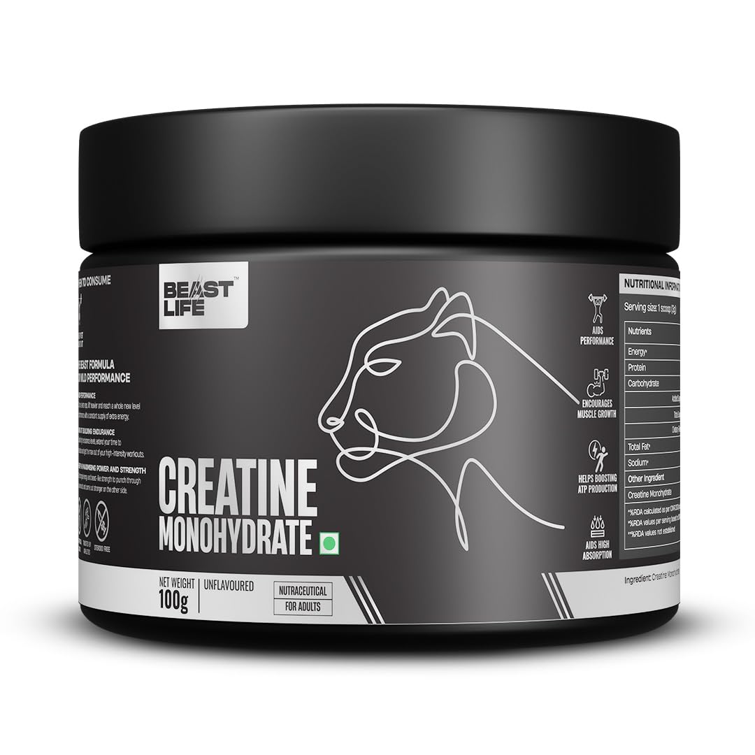 BeastLife Creatine Monohydrate Powder 100g (33 Servings) Unflavoured | Super Micronized for Fast Absorption | NABL Lab Tested | Boosts Strength & Athletic Performance