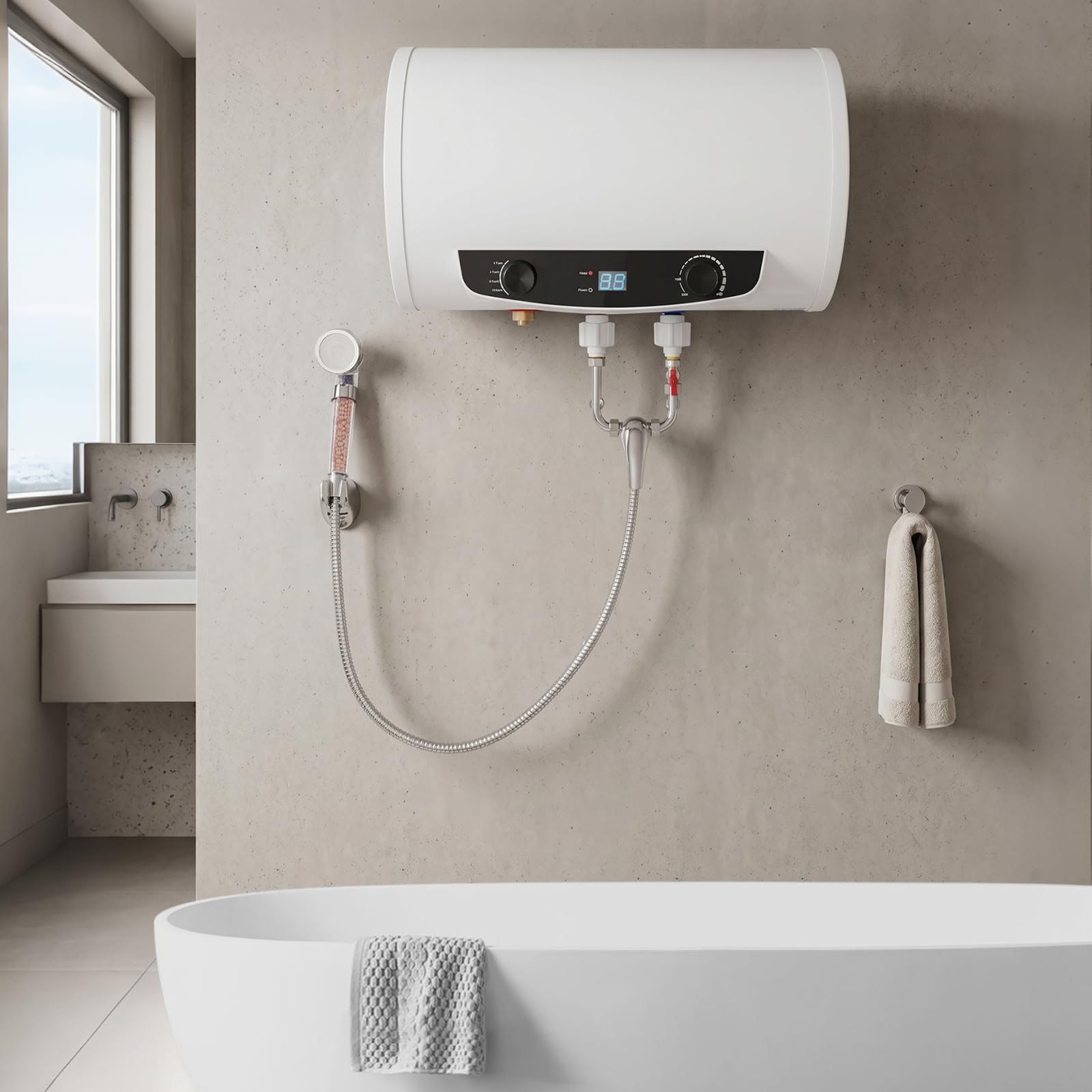 Scaldabagno elettrico da 35 l, 2000 W, montaggio a parete, con indicatore LED, 3 livelli di calore (35-75 °C), IPX4, serbatoio interno in acciaio inox, soffione doccia, per bagno, appartamento, salone