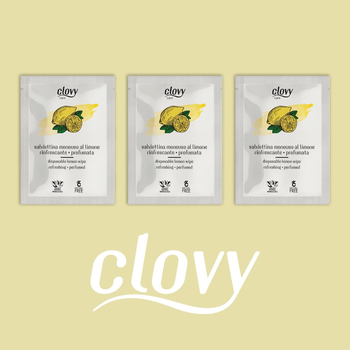 Clovy Care. 200 Salviette monouso rinfrescanti e profumate al limone dimensione 23,5x16 imbevute con soluzione a base di ingredienti naturali nichel free.