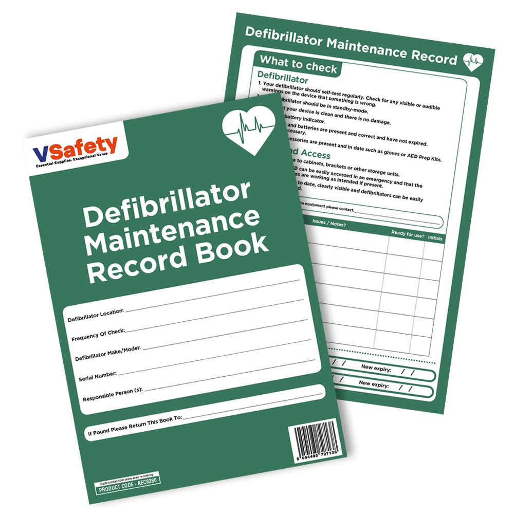 V Safety Defibrillator Maintenance Record Book, Green, A4