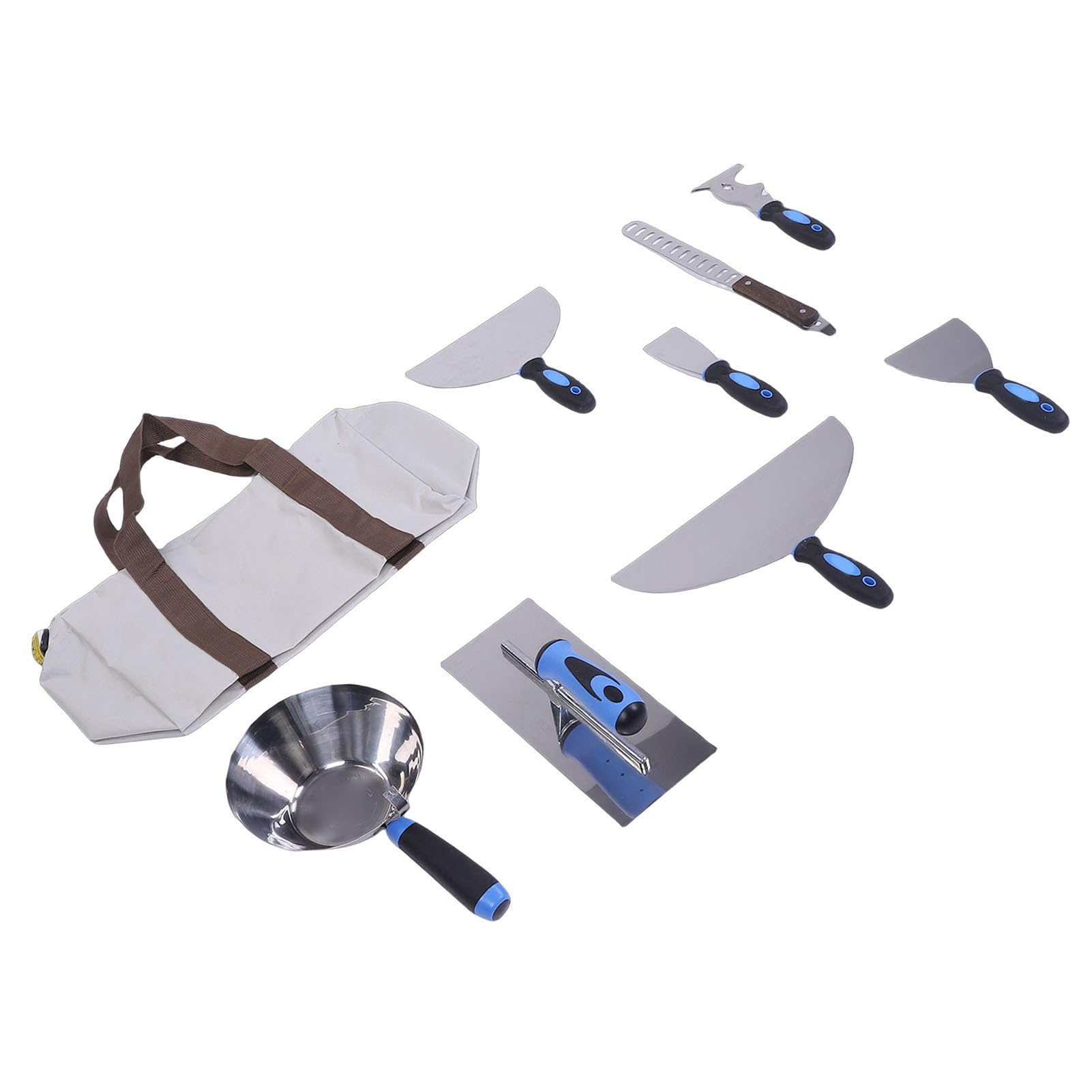 FILFEEL Juego de Herramientas de Acabado profesional: Raspador de Masilla de Acero Inoxidable Inoxidable de 12 Piezas, Paleta y Kit de Bandeja de Barro Redonda con Asas Ergonómicas y Bolsa de