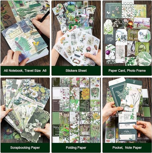 Image of MGNLR Vintage Aesthetic Scrapbook Kit(346Pcs) Scrapbooking Supplies Kit with Bullet Junk Journal,Stationery,A6 Grid Notebook Journaling Gift for Girl (Botanical Scrapbook), Paper