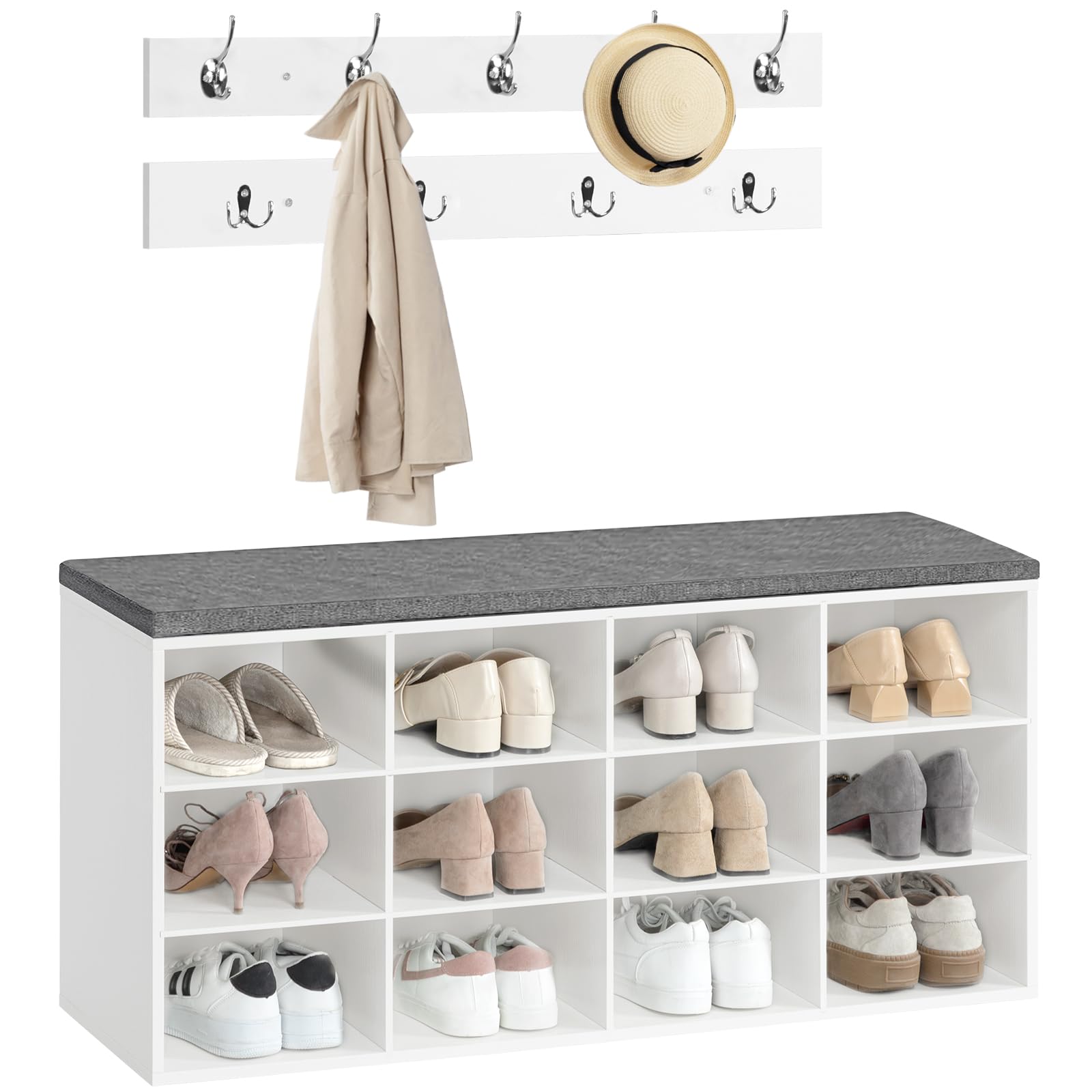 HOOBRO Banc à Chaussures, Banc de Rangement avec 12 Compartiments, Étagère à Chaussures, Porte-Manteau, 100 x 30 x 48 cm, Entrée, Couloir, Chambre, Blanc et Gris EWT112HX01