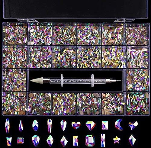 Professional Nail crystal kit, 2000pcs Multi Shape Glass Crystal AB rhinestones for Nail Art Craft Mix sizes Non Hotflix Flatback Nail Gems, Wax Pen for rhinestones