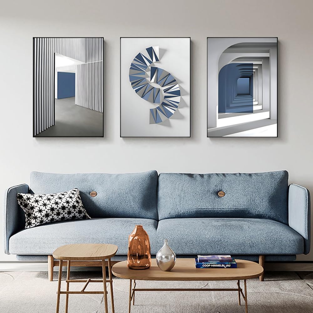 ARTFEB Framed Canvas Blue White Abstract Wall Art Set of 3, Large Modern Art Print, Neutral Minimalist Wall Decor for Living Room Bedroom Home Office(