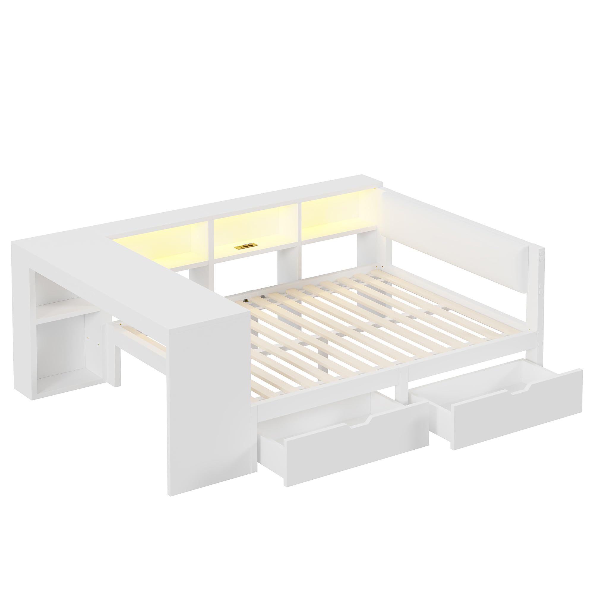 Tagesbett Doppelbett 140x200 cm mit LED Licht und USB, Schlafsofa Jugendbett Bett mit Stauraum und Schubladen, Holzbett Bettgestell mit Lattenrost und Schreibtisch, Weiß, Ohne Matratze