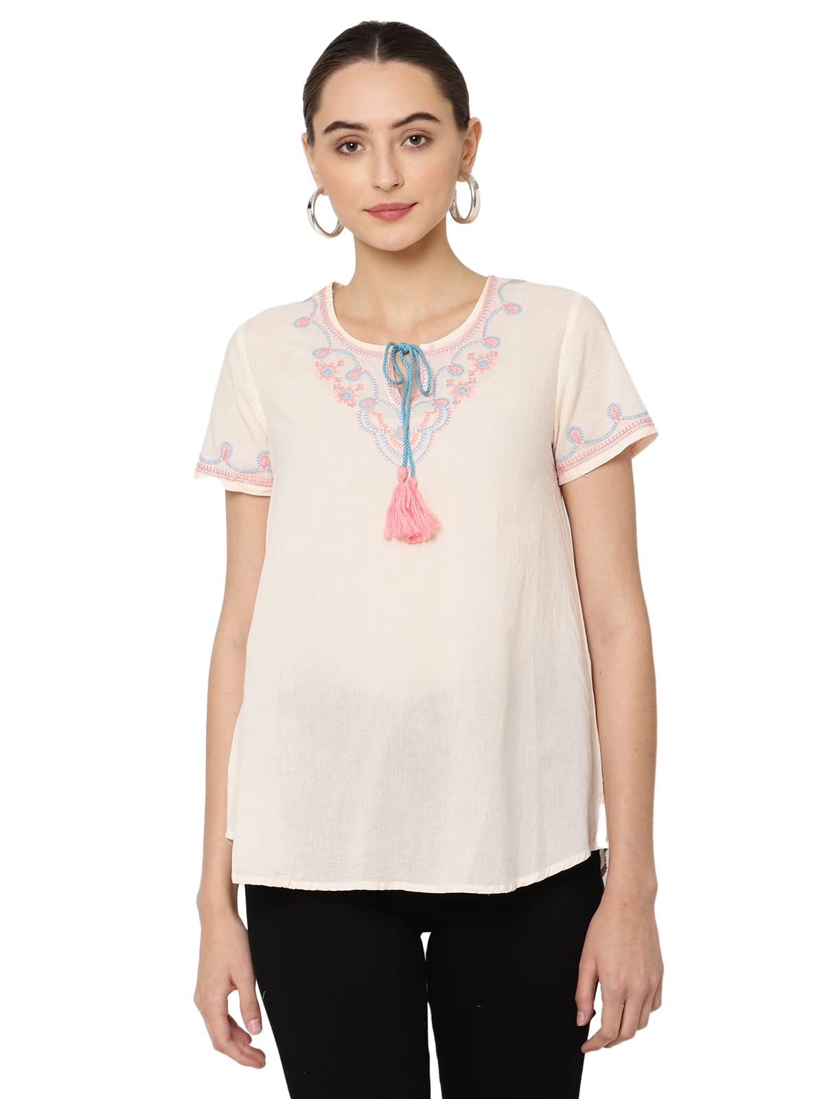 ALEXNCLEO Women's Cotton Peach Embroidered Casual Half Sleeves Top