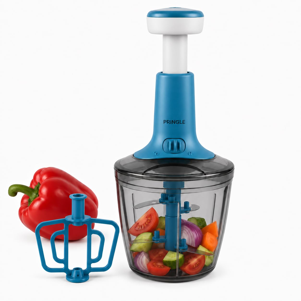 PRINGLE 1000ml Manual Push Chopper for Vegetables & Fruits | 6 Sharp Stainless Steel Blades | Hand Press Onion Cutter with Twist Lock | Egg Beater Whisk Included | Multipurpose Food Chopper | Blue-image-45