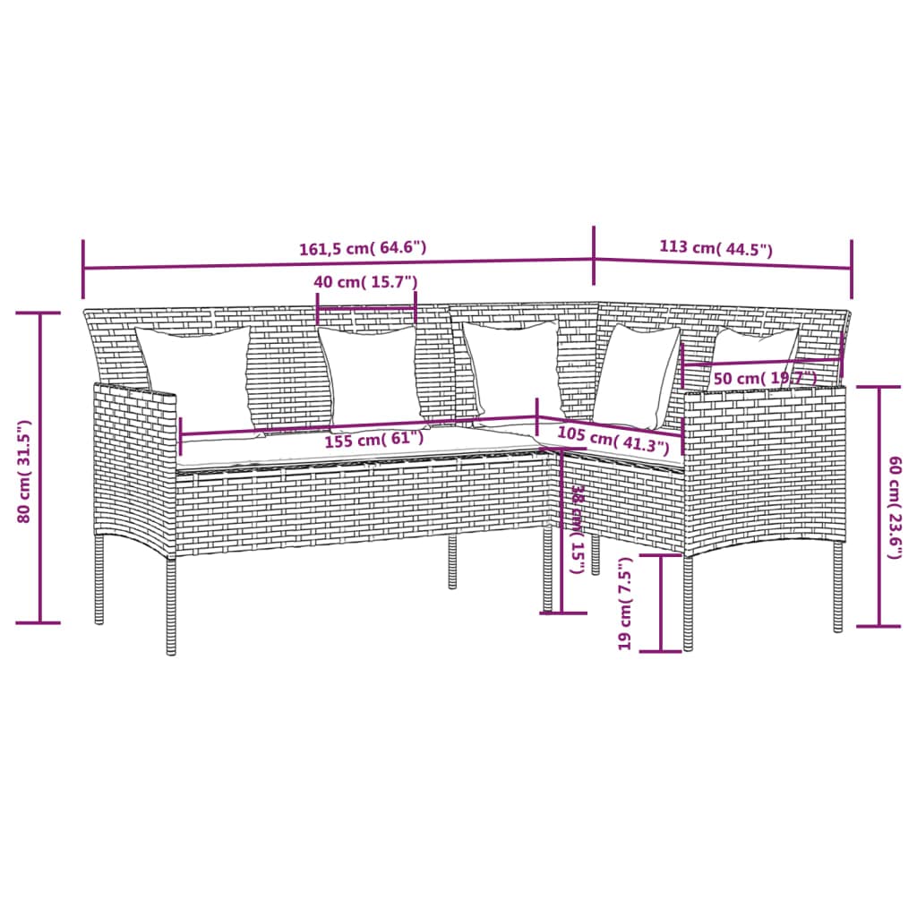 Divano a L da Giardino in Rattan PE Marrone con Cuscini | Elegante seduta angolare per giardino e terrazzo con imbottitura spessa, ideale per momenti di relax e conversazione.