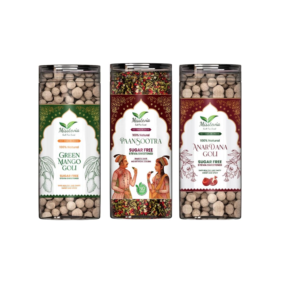 MISSTEVIA Sugar Free Mukhwas Combo Gift Pack 500g | Stevia Sweetened | Sweet & Spicy Green Mango Goli | Meetha Paan | Sweet & Spicy Anardana Goli |Diabetic Friendly| Real fruit based Digestive Mouth Freshener| Betel Leaf & Rose Petal based Premium Mukhwas| Diwali festive Gift Hamper