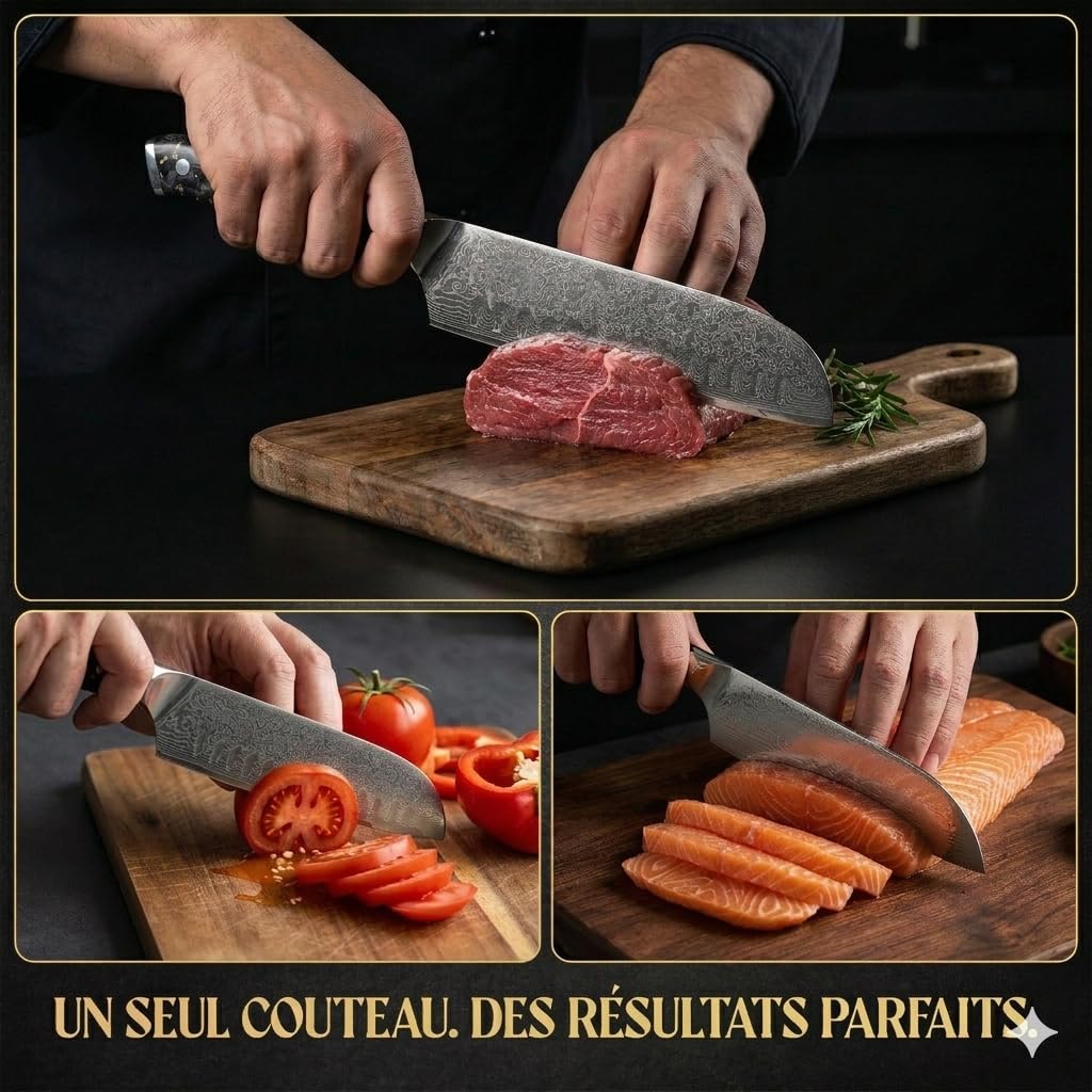 MIKORO Couteau de Cuisine Santoku Japonais 18cm - Acier Damas 67 Couches - Professionnel Ultra Tranchant - Manche Carbone - Coffret Cadeau Premium