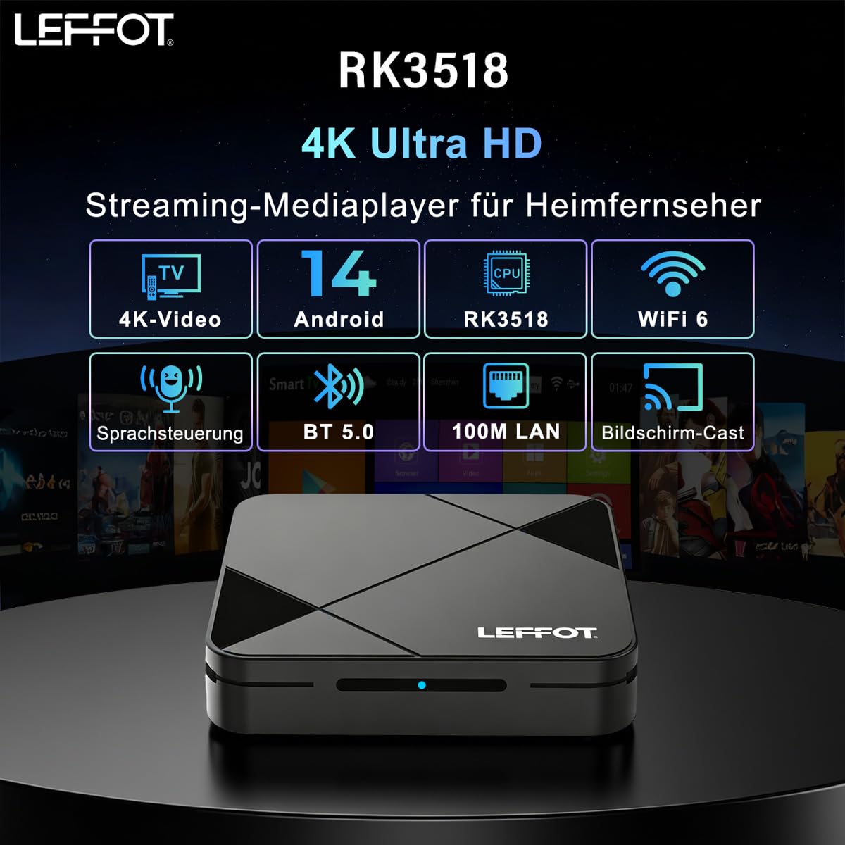 4K UHD Android 14.0 TV Streaming Box 2026, 2GB RAM + 16GB ROM | IP-TV Box Mit Sprachsteuerung, 2.4G/5G WiFi 6, BT 5.4, USB 3.0, 100M Ethernet, HDR10, RK3518 Quad-Core A53