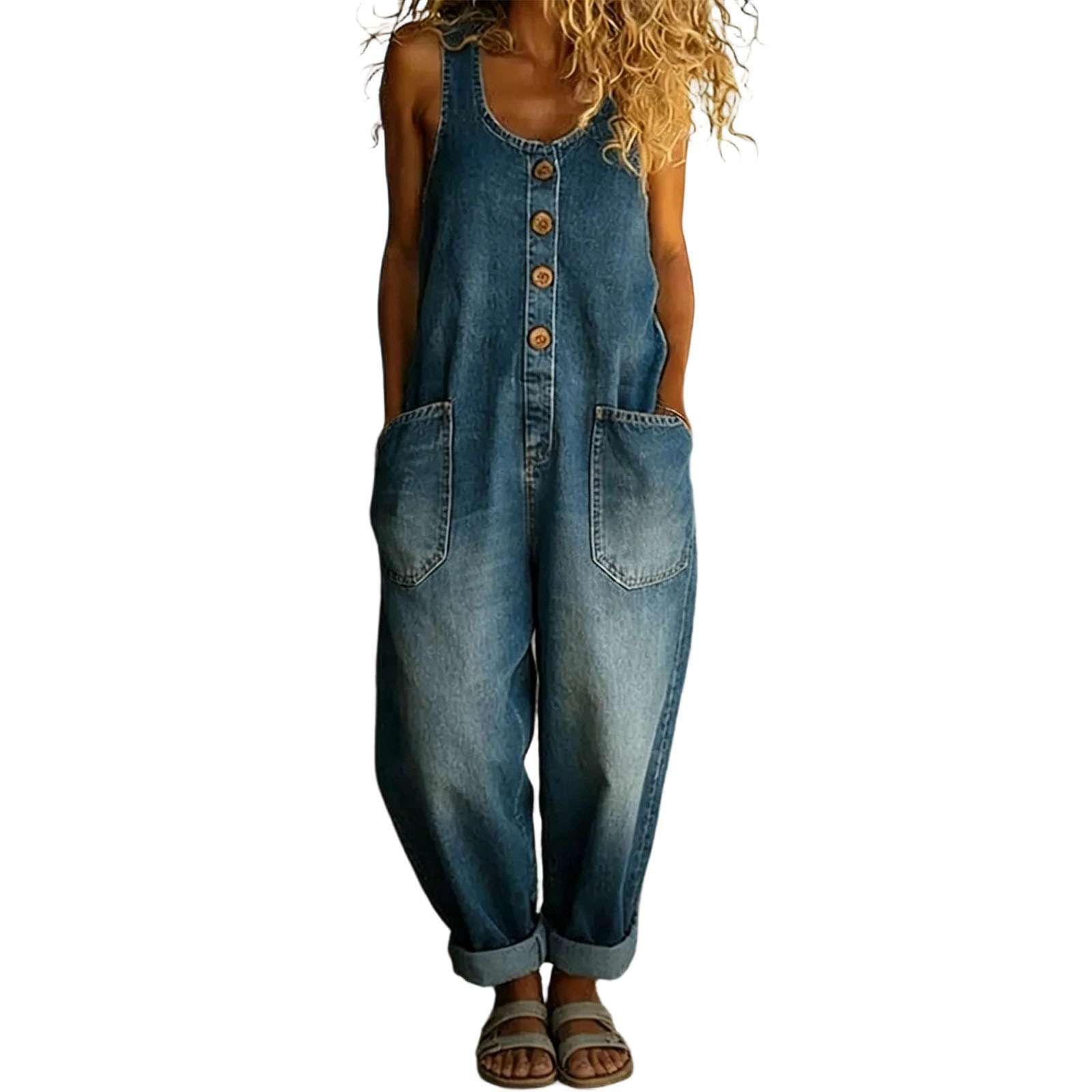 Generisch Damen-Retro-Latzhose in Denim Jumpsuit Ärmellos Boho Vintage Elegant Overall Lang Playsuit Bunte Weites Bein Hose Arbeitslatzhose mit Taschen Latzhosen Atmungsaktiv Mode Outdoorhose
