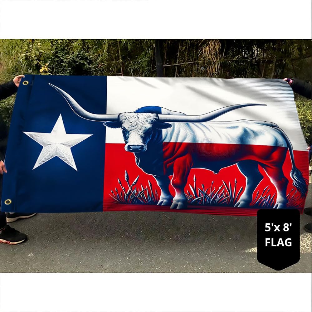 American Flag-Texas Longhorn Cattle Grommet Flag MLN2420GF, 3x5 ft., With Flagpole Mounting Rings-USA Flags Premium Polyester-Decorative Indoor Outdoor Flag