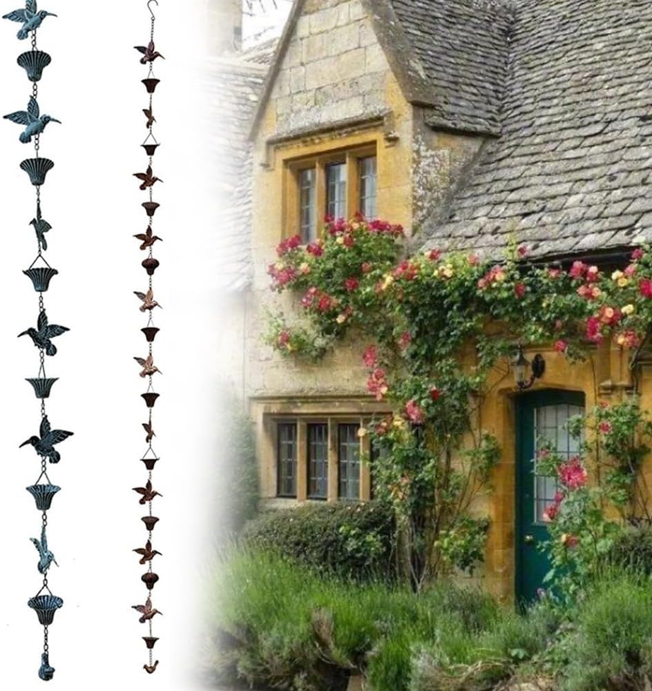 8.5ft Vintage Metal Rain Chain with Birds, Outdoor Garden Gutter Decoration, Eaves Downspout Water Feature(Brown)