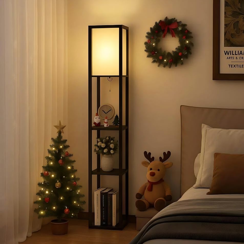 YU YUSING Stehlampe mit Holzregal Innenbeleuchtung 1,6m Holz Stehleuchte mit Regalen für Schlafzimmer und Wohnzimmer, schwarz