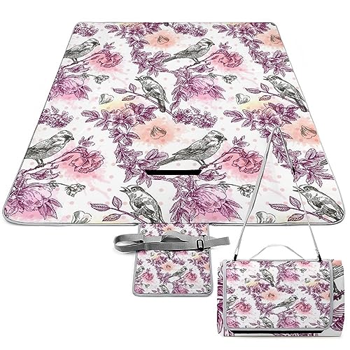 Bird-Flower Picnic Blanket Waterproof Foldable, Large Outdoor Picnic Blanket Beach Blankets Camping Blanket Travel Mat, Shoulder Strap Tote, Rectangle 58x58in
