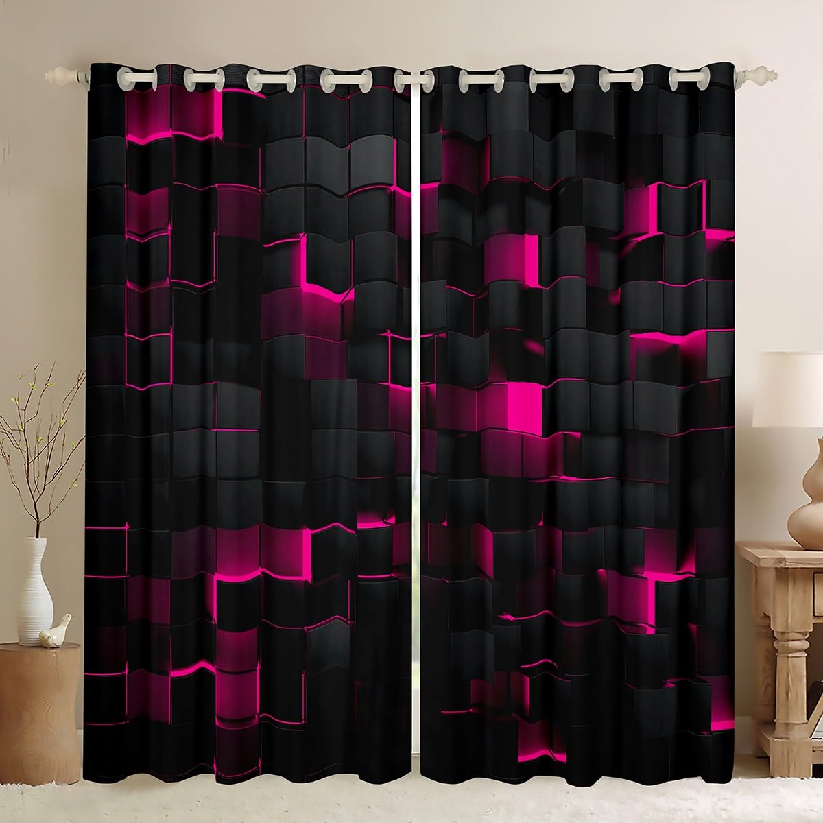 Neon Hot Pink Black Window Curtains 2 Panel Sets 52x90 Geometric Checkered Window Treatments Drapes for Girls Room Abstract Plaid Grid Blackout Curtains Stereoscopic Style Decor