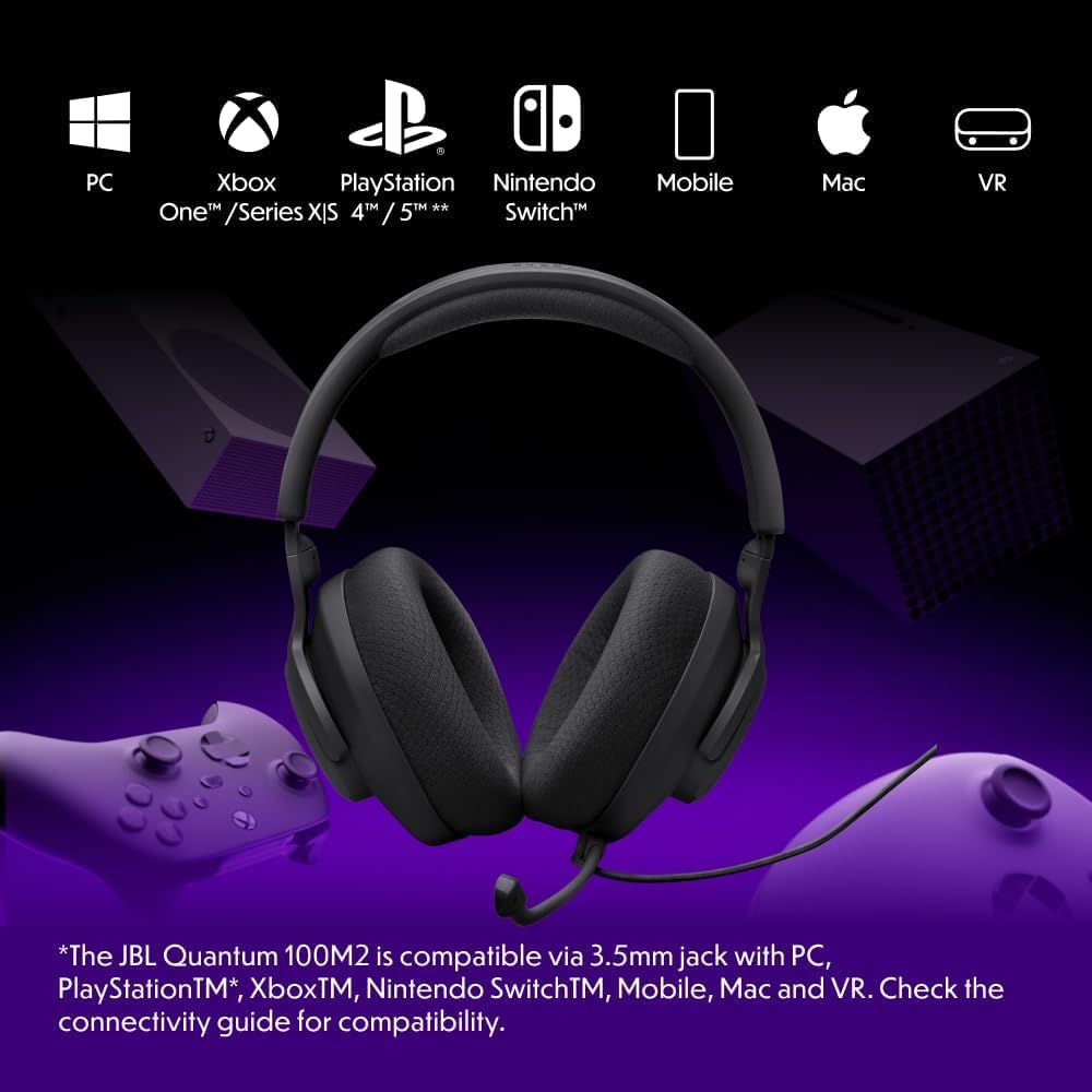 JBL Quantum 100M2 Wired Gaming Headphones, Supports Windows sonic spatial audio, 40mm Realistic Dynamic Drivers, Omnidirectional Detachable Mic, Breathable Memory Foam cushions, PC/Xbox/PS/3.5mm-Black — Amazon image 4