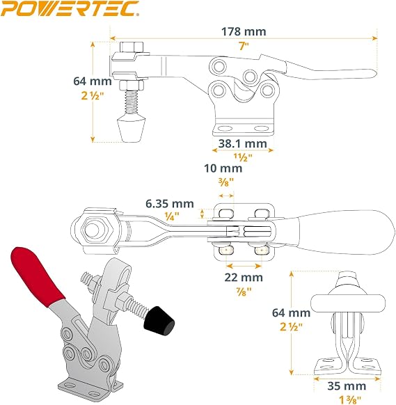 POWERTEC 2PK Toggle Clamp, 500 lbs Holding Capacity, 225D Quick Release Horizontal Clamps w/Antislip Rubber Pressure Tip for Woodworking Jigs and Fixtures, Welding, Drill Press, Crosscut Sled (20325)