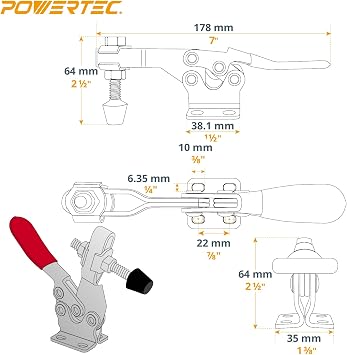 POWERTEC 2PK Toggle Clamp, 500 lbs Holding Capacity, 225D Quick Release Horizontal Clamps w/Antislip Rubber Pressure Tip for Woodworking Jigs and Fixtures, Welding, Drill Press, Crosscut Sled (20325)
