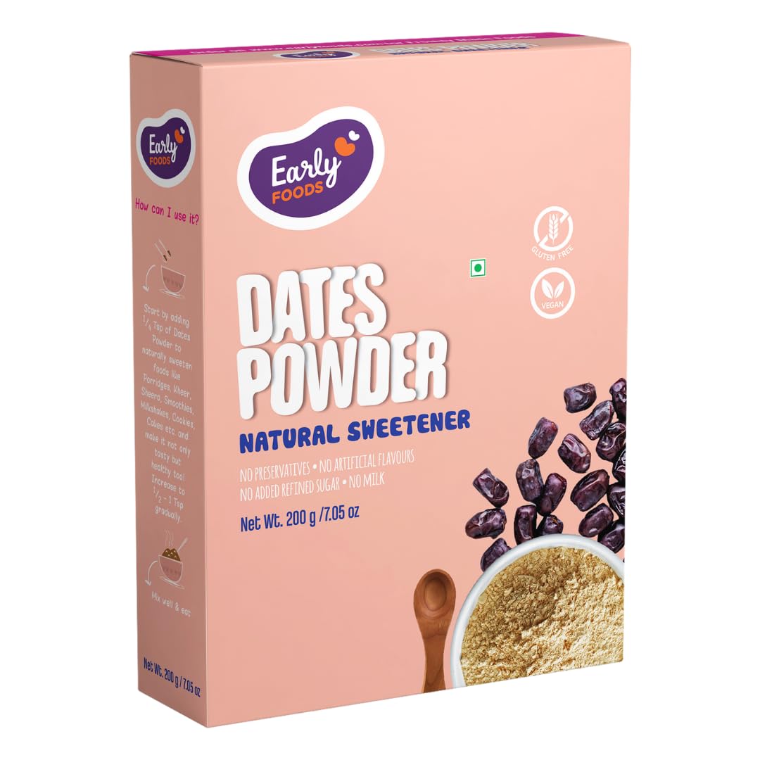 Early Foods Dates Powder 200g Natural Sweetener - No Preservatives, Made from Dates Natural Healthy Sugar Substitute for Baking Cooking Suitable for All Ages By Rootz Organics