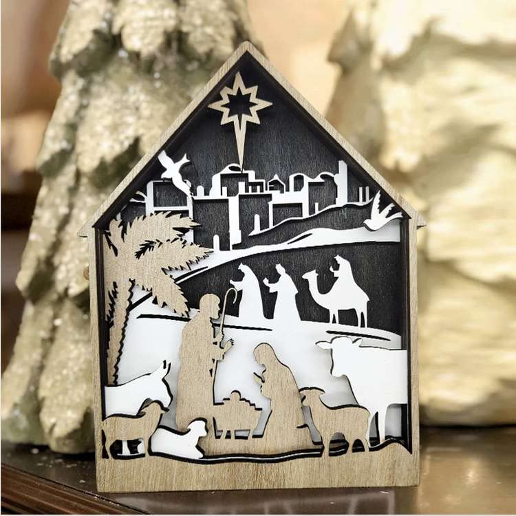 Acecare Christmas Nativity Scene Decoration Carving Jesus Wooden House Religious Gift Christmas Decoration Wooden Desktop Holiday Decoration Home Desktop Christmas Table Decoration