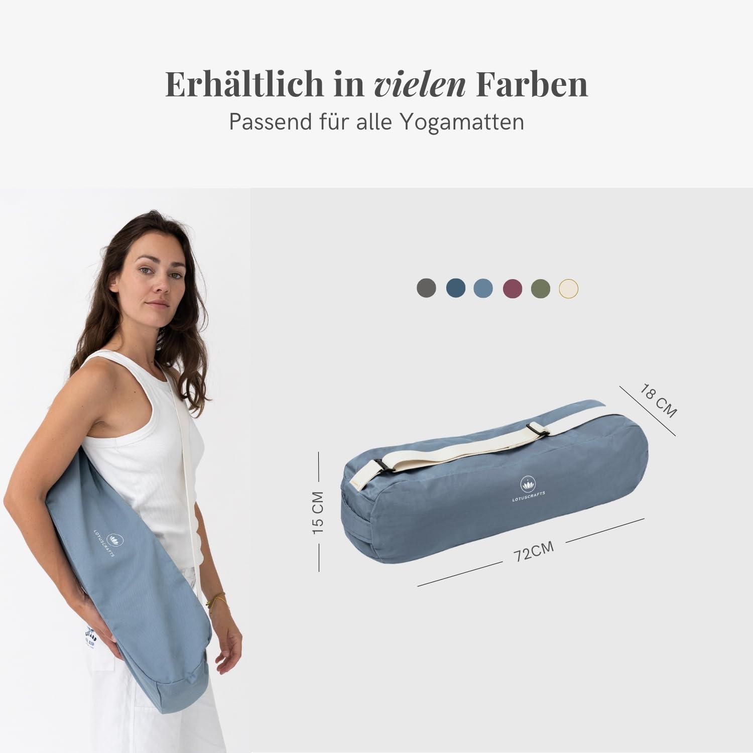 Lotuscrafts® Yogatasche PUNE aus Bio-Baumwolle, Fair & Ökologisch, Ideale Yoga Tasche für Yogamatte und Zubehör, Yogamattentasche mit Extra Fach, 72 cm x 18 x 15 cm