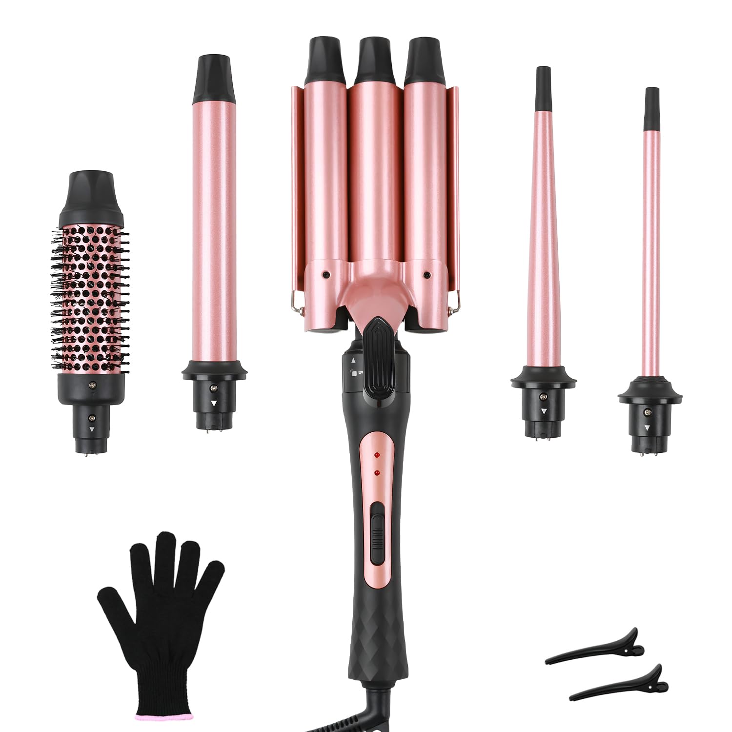 Set de fers à friser 5 en 1, fer à onduler avec brosse à friser multifonction et 4 bigoudis interchangeables revêtement céramique (9-32mm), Réchauffement rapide, noir or