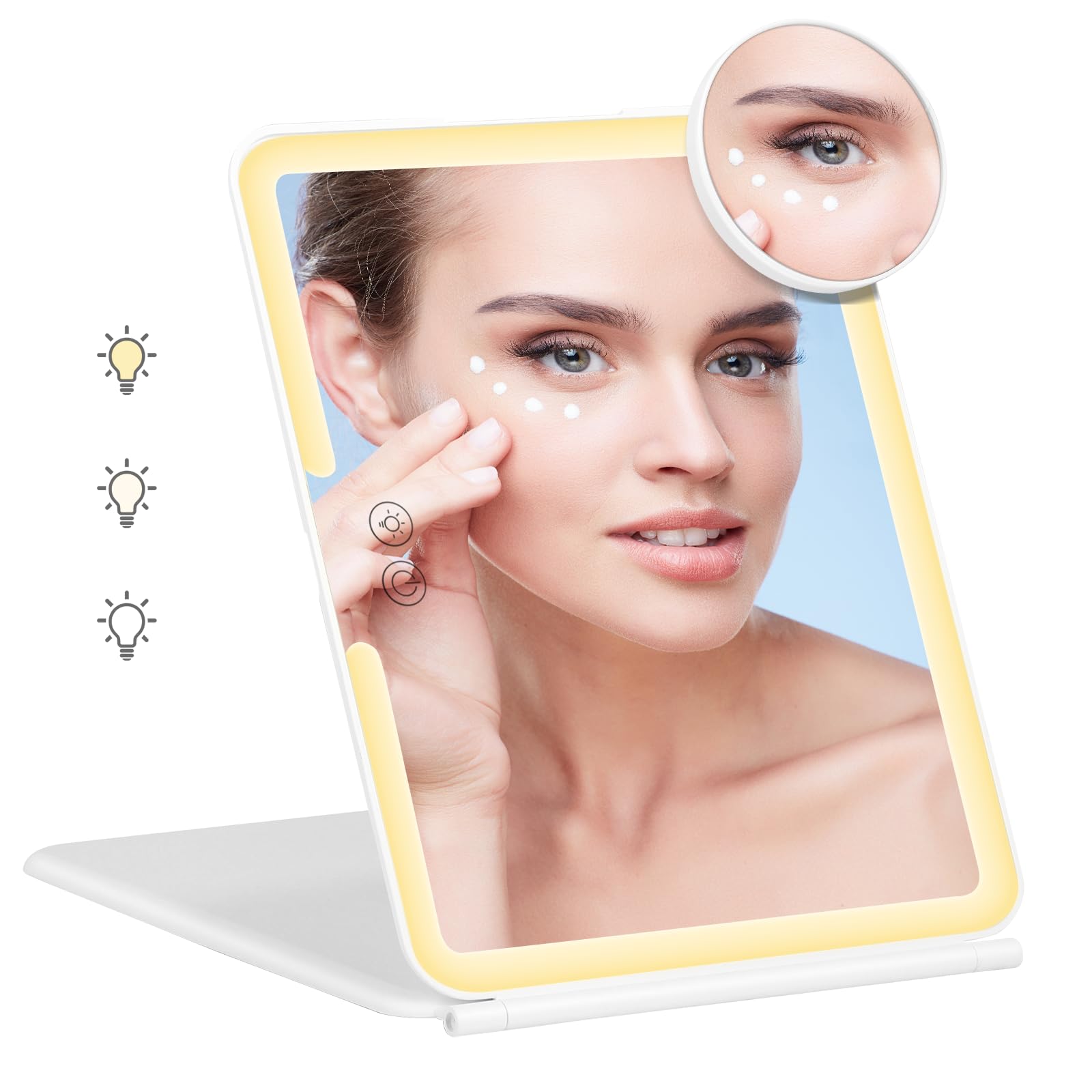 Domisyee Espejo de Maquillaje con luz LED Recargable por USB, Aumento de 1x / 10x, portátil y Plegable, con 3 Colores y Pantalla táctil, para tocador y Viajes