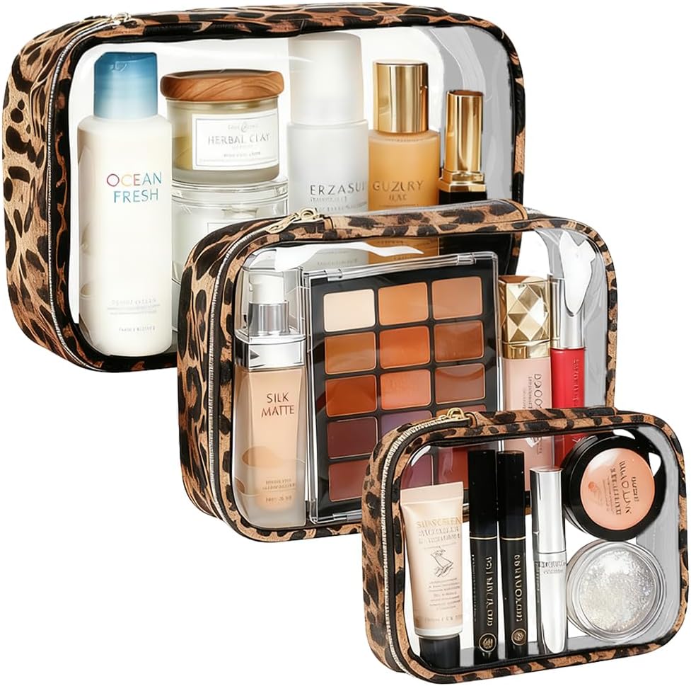 FFpaw 3 Pack Clear Makeup Bags for Women, TSA Approved Toiletry Bag Set for Travel Size Toiletries Carry on Travel Organizer Bags Waterproof Cosmetic Case Zipper Pouch Set Car Accessories Essentials