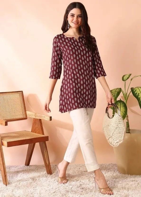 Image of MS VHCK ENTERPRISE Women's Short Kurti in Multicolor Rayon Cotton Blend | Ladies Ethnic Tunic | Office