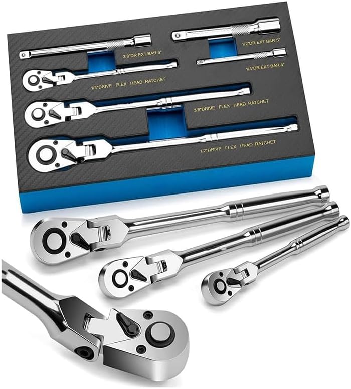 6-Piece Flex Head Ratchet Set - 1/4", 3/8", 1/2" Drive, 72-Tooth Swivel Head Ratchet Wrench with Extension Bar, 180° Adjustable, Quick-Release, EVA Foam Handle for Automotive & DIY