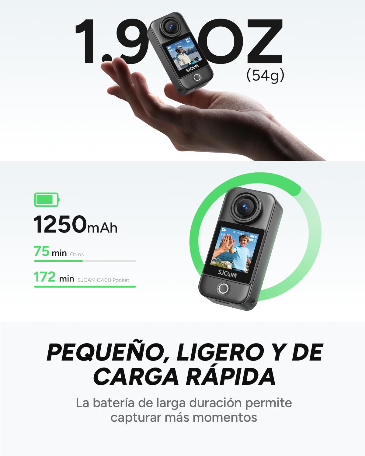 SJCAM C400 Pocket Paquete POV (Sin Tarjeta),Camara Vlog 4K con 172 Min,Pantalla TáctilMini Cámara Deportiva Estabilización de 6 Ejes,Impermeable,Ideal para Vlogs,Viajes y Paseos,Negro