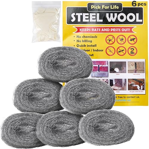Steel Wool Mice - 6 Pack 0000 Rodent Control Gaps Blocker Stainless Coarse Wire Wool Fill Fabric DIY Kit Easy to Use Stop Rats and Mice Insect Pest Includes Work Gloves