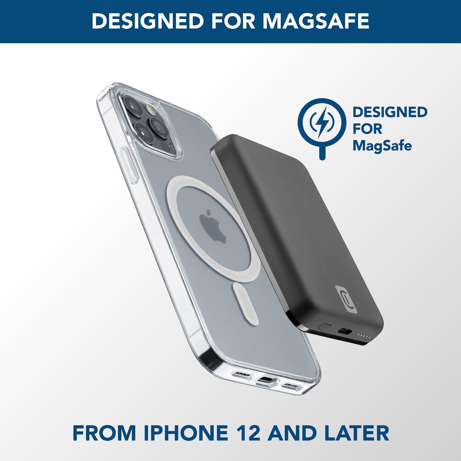 Cellularline | Wireless power bank MAG 5000 | Caricabatterie portatile compatibile con ecosistema Mag Safe - Capacità 5000mAh - Carica wireless 7.5W - 1xUSB-C 18W - Per iPhone 12 e successivi - Nero