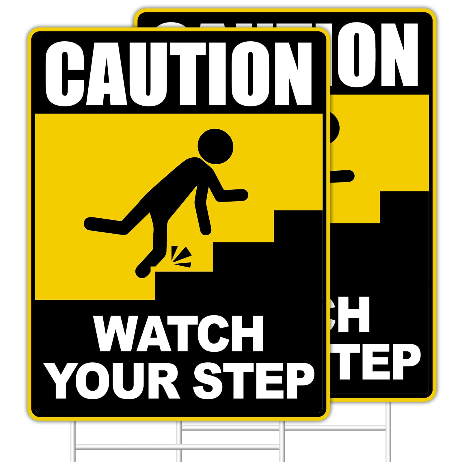 Watch Your Step Sign, Watch Your Step Caution Sign 2-Pack 12"x9" Double-Sided H-Metal Stakes and 6pcs Double Sided Tape