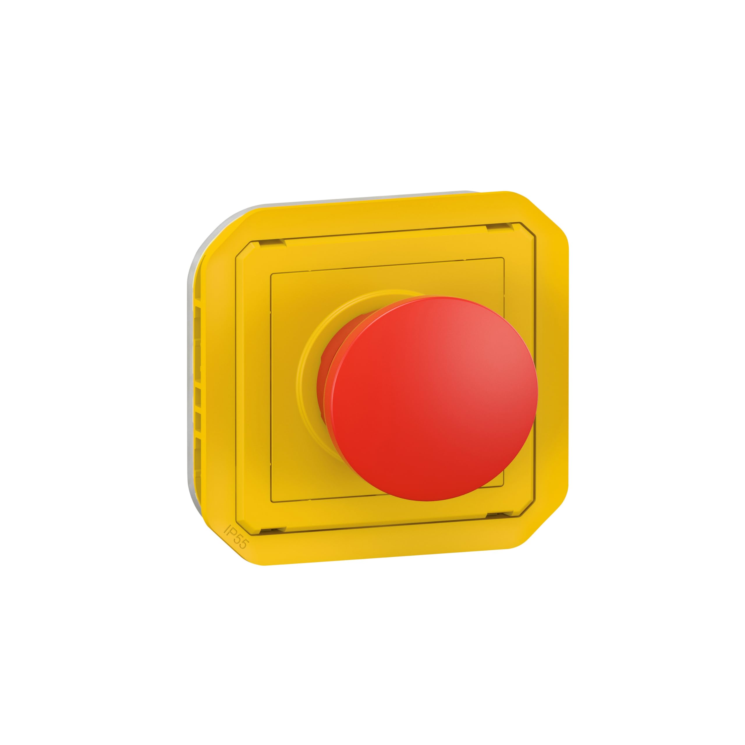 LEGRAND, Plexo 069547L - Botón de apagado de emergencia, incluye etiqueta de 4 idiomas (placa amarilla, botón rojo), 1 cierre, 1 pin, 3 A, IP55 - IK07, color amarillo
