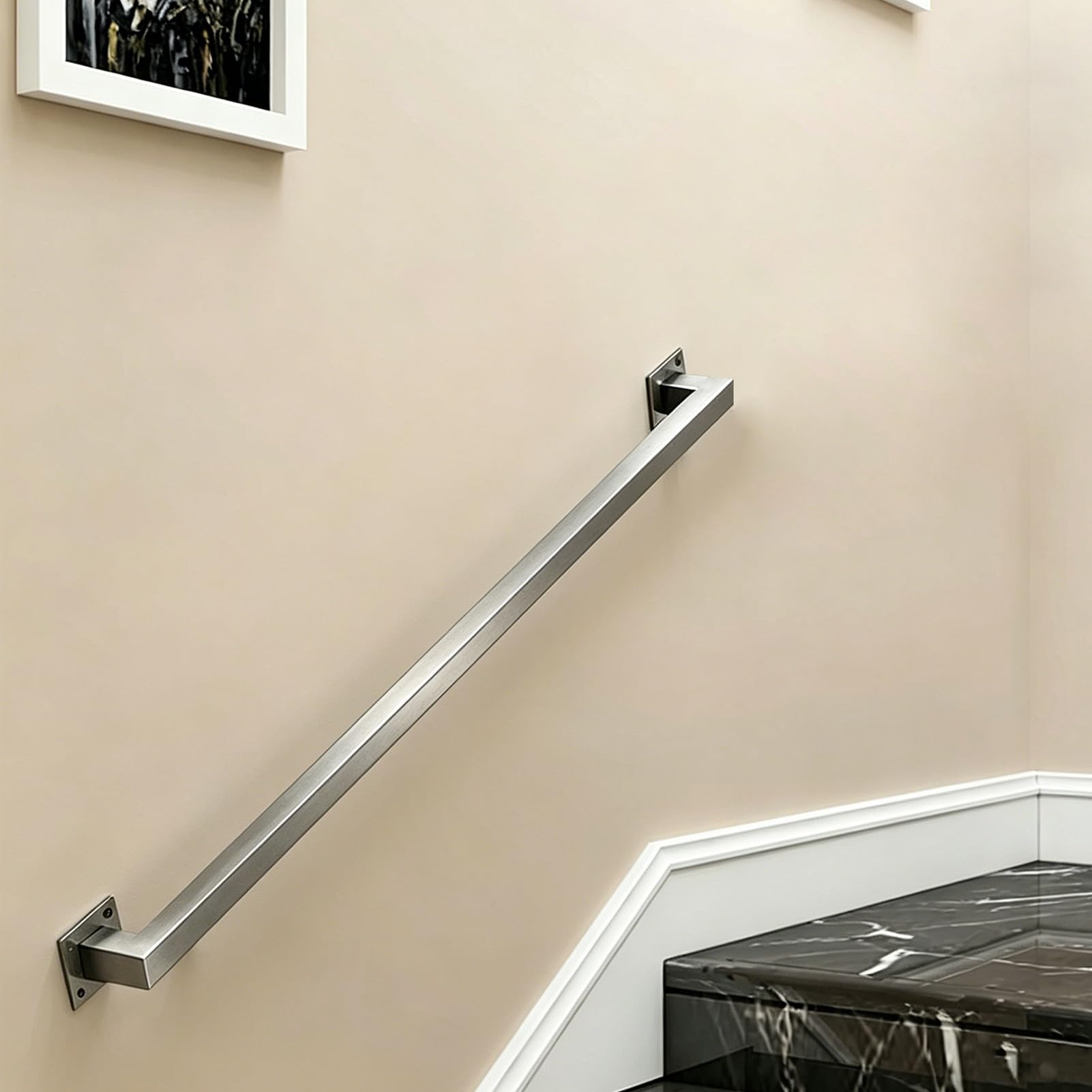Hamankim One Color Stair Railing And Handrail Kit | Sturdy Wall Mount Brushed Stainless Steel Banister For Indoor Outdoor | Square Pipe Safety Grab Bar For Loft Porch Garage Deck - Silver(1Ft/0.3M)