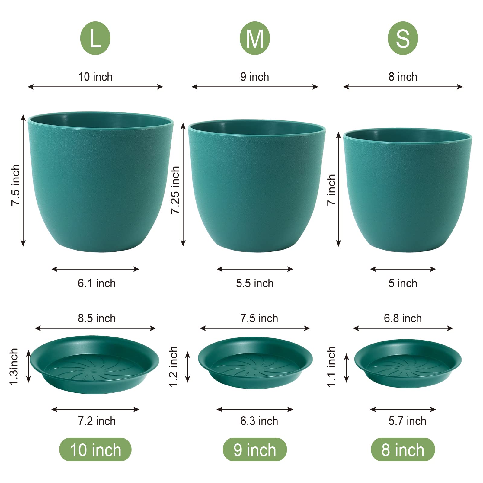 WOUSIWER Set di 3 vasi decorativi moderni in plastica con fori di drenaggio e sottovaso, per piante da appartamento, piante da interno, blu