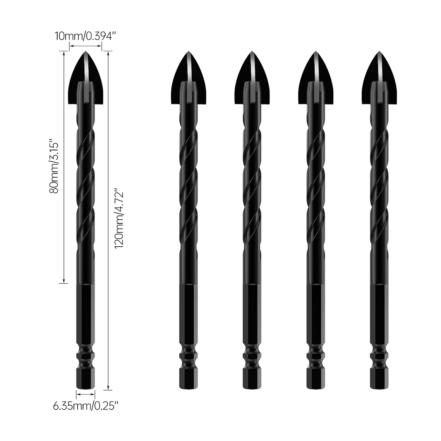HUHAO Masonry Drill Bits 5 Pcs, Concrete Drill Bit Set Size 13/32", Professional High Cobalt Drill Bit Set for Tile Glass/Metal Brick Concrete Ceramic Plastic Wood