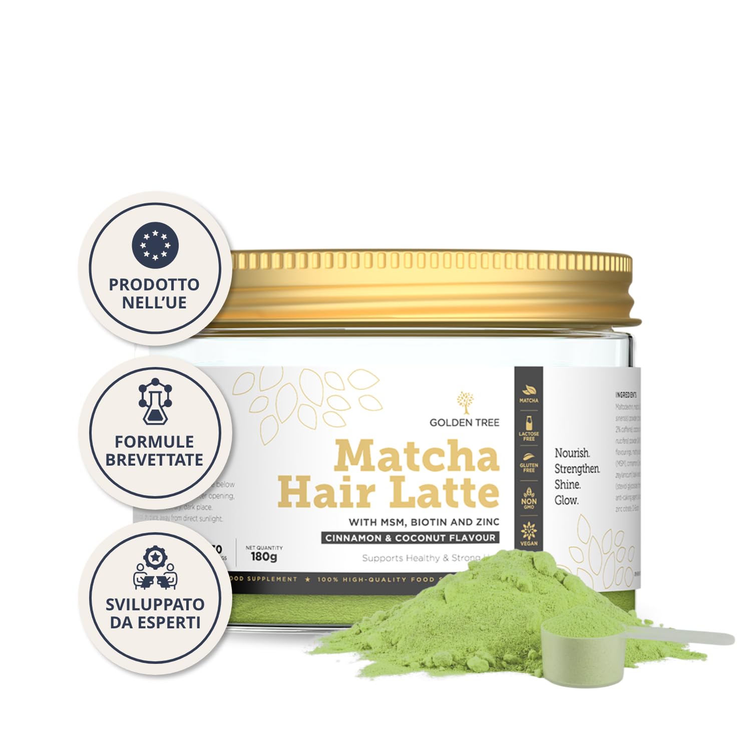 Golden Tree Matcha Hair Latte – Matcha Polvere, 180 g, 30 Porzioni | Latte di Cocco in Polvere, MSM, Zinco e Biotina, Tè Verde in Polvere, 2% di Caffeina